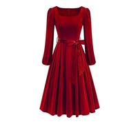 AEGJEGVD Robe Velours Femme Rouge Manches Longues Midi Robes Noel de Cocktail Soirée Longueur Genou Ourlet Évasée Jupe Plissée Moulante Robe Chic et Elegant pour Festive Bal Fête Mariage Anniversaire