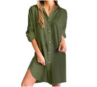 AEGJEGVD Soldes 2025 Robe Chemise Droite Boutonnée Devant Blanche Coton Lin Femme Grande Taille Décontracté à Manches Longues Robe de Plage Ample Tunique Robes Longueur Genou Rétro Maxi Longue Dress