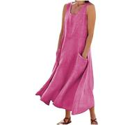AEGJEGVD Ventes Flash du Jour et Soldes Robe d Ete Femme Coton et Lin Robes Décontracté Couleur Unie Robes Chic et Elegant Col V Robe Tunique Femmes Boheme Jupe Dress de Plage Linen Dresses Pas Cher