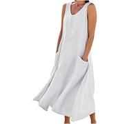 AEGJEGVD Ventes Flash du Jour et Soldes Robe d Ete Femme Coton et Lin Robes Décontracté Couleur Unie Robes Chic et Elegant Col V Robe Tunique Femmes Boheme Jupe Dress de Plage Linen Dresses Pas Cher
