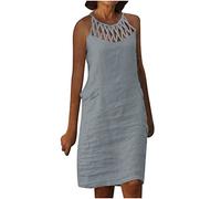 AEGJEGVD Ventes Flash Robe Ete Femme Courte Fluide Chic et Elegant Robe en Coton Lin pour Femmes Robes Tunique D'Été Mi Longue decontractée Casual Dress Droite Robes de Soiree Plage Vacances Pas Cher