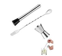 AEIOPRS Pilon Cocktail 3 Pièces en Acier Inoxydable, Cuillère de Bar et Doseur pour Mojito, Caïpirinha. Accessoires de Barman Professionnels pour Écraser la Menthe et la Glace Pilée.