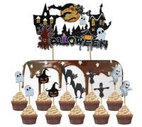 AEKZOX 11 PCS Décorations de Gâteaux Halloween, Muffins et Cupcakes, Citrouille, Château Hanté, Chat Squelette, pour Fête d'Halloween et Carnaval