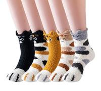 AEKZOX 5 Paires de Chaussettes Pilou Pilou Chat Femme avec Motif de Chat Mignon, Chaussettes Hivernales en Peluche Chaude, Idéal comme Cadeau