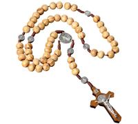 AEKZOX Collier de chapelet catholique avec perles en bois et pendentif croix gravé de l'image de Jésus-Christ, idéal pour les sacrements, baptêmes, messes et lectures bibliques (Couleur bois)
