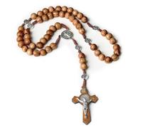 AEKZOX Collier de chapelet catholique avec perles en bois et pendentif croix gravé de l'image de Jésus-Christ. (Marron café)