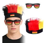 AEKZOX Kit Supporter Allemagne - Perruque & Bandeau Noir-Rouge-Or avec Lunettes Soleil & Chapeau | Accessoires Fête Football, WM EM, Coupe du Monde & Euro.