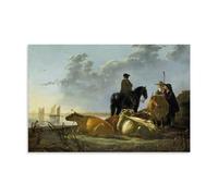 Aelbert Cuyp Peintures murales imprimées Paysans et bétail au bord de la rivière Merwede (vers 1658-1660) Impression sur toile murale Décoration d'intérieur moderne Idée cadeau sans cadre 20,3 x 30,5