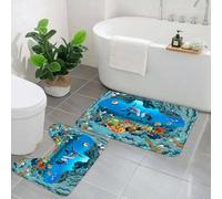 AELKSP Set de Tapis de Bain 2 Pièces,Monde sous-Marin Baleine Corail Poisson Océan Bleu Mer Monde, contrôle rde de la s,Ensemble Tapis Salle de Bain Extra Longs et Tapis Toilette WC Contour Absorbant