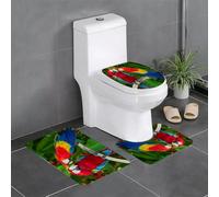 AELKSP Set de Tapis de Bain 3 Pièces,Oiseaux perroquets colorés de la Jungle perchés sur Une Branche,Ensemble Tapis Salle de Bain Extra Longs et Tapis Toilette WC Contour Absorbant