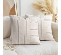 AELS Lot de 2 Housses de Coussin décoratives en Lin texturé de Style bohème et Rustique pour canapé, Salon (Housse Uniquement) 45,7 x 45,7 cm, Beige avec Rayures Blanches et Grises