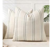 AELS Lot de 2 Housses de Coussin décoratives en Lin texturé de Style bohème et Rustique pour canapé, Salon (Housse Uniquement) 45,7 x 45,7 cm, Beige avec Coutures Blanches et Grises