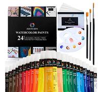 AEM Ensemble de peinture aquarelle - Kit de fournitures d'art 24 tubes de peinture à l'eau, jeu de pinceaux, papier et palette/casserole pour aquarelles