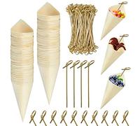 Aemygo Lot de 100 cônes de dégustation en bois avec 100 pics à cocktail en bambou jetables, apéritifs, amuse-bouches, crème glacée pour la nourriture et les fêtes à la maison, événements, buffets