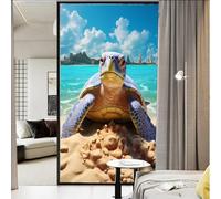 AEMYSKA Film vitrail moderne nature tortue de mer bleu océan vagues plage fun animal fenêtre film non adhésif décoratif statique pour la maison et le bureau 45 x 60 cm