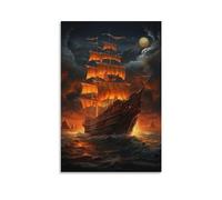 AEMYSKA Impression sur toile colorée bateau lune, océan, bateau, nuit, paysage sans cadre, œuvre d'art encadrée pour chambre à coucher, salon, bureau 50,8 x 75 cm (l x L)