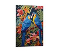 AEMYSKA Impression sur toile représentant un perroquet abstrait - Plantes colorées - Oiseaux sauvages bleus - Poster sans cadre - Œuvre d'art encadrée pour chambre à coucher, salon, bureau - 40,6 x 60