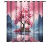 AEMYSKA Lot de 2 rideaux occultants à isolation thermique avec œillets - Rideaux de fenêtre à isolation thermique - Style rétro - Motif vague de montagne et plantes roses - 70 x 160 cm (l x L)