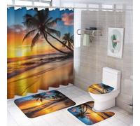 AEMYSKA Lot de 4 rideaux de douche colorés océan avec tapis, plantes de plage, coucher de soleil, ensemble de salle de bain avec rideau de douche, tapis et accessoires, ensemble de rideaux