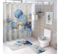 AEMYSKA Lot de 4 rideaux de douche pour salle de bain avec motifs abstraits, bleu texturé, ligne dorée, décoration de salle de bain, ensemble de rideaux de douche imperméables avec tapis (tapis de