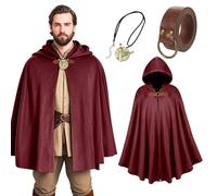 AENEY Cape médiévale à capuche, en velours faire, pour hommes et femmes, costume de chevalier, renaissance, cosplay, Halloween, rouge, 130 cm