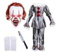 AENEY Costume de clown effrayant pour enfants, tenue d'Halloween avec masque et couteaux, gants pour Halloween, costume de costumade (Clown-B, taille XL)