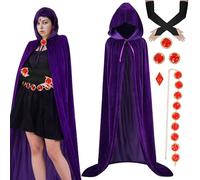 AENEY Costume de cosplay Aden Titans Raven - 7 pièces - Cape anime Raven violet - Avec capuche et ceinture en pierres précieuses rouges - Gants longs - Pour femme adulte (taille M - 150 cm)
