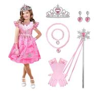 AENEY Costume de Wicked Glinda pour petite fille, 7 pièces - Robe de sorcière avec baguette Glinda, gants et couronne de fée, pour cosplay, fête d'Halloween (taille XS / 5 à 6 ans)