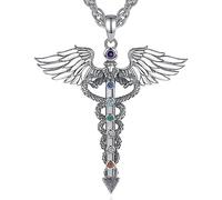 AEONSLOVE Collier Caducée d'Hermès Argent 925 Pendentif Serpent Aile d'Ange Épée avec Chakra Bijoux Tige d'Asclépius Cadeau pour Homme Femme Médecin Infirmière