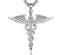 AEONSLOVE Collier Caducée d'Hermès en Argent 925 Pendentif Serpent Aile d'Ange Épée Bijoux Tige d'Asclépius Cadeau pour Homme Femme Médecin Infirmière, Chaîne de 55,8 + 5cm