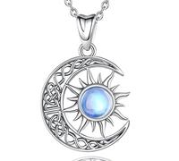AEONSLOVE Collier Chat et Lune pour Femme Fille, Collier Soleil et Lune Pendentif Pierre de Lune Argent 925, Bijoux Amoureux des Chats Cadeaux Cosmiques et Astrologiques