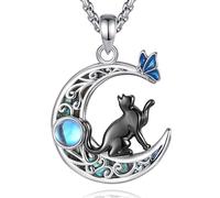 AEONSLOVE Collier Chat et Lune pour Femme Fille Pendentif Pierre de Lune Argent 925 Bijoux Amoureux des Chats Cadeau avec Chat