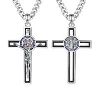 AEONSLOVE Collier Croix Chretienne Homme Femme Médaille Croix de Saint Benoît Argent 925 Pendentif Crucifix St Benoit Jesus Christ Bijoux Religieux Catholique