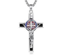 AEONSLOVE Collier Croix Chretienne Homme Femme Médaille Croix de Saint Benoît St Benoit Collier Crucifix Obsidienne Argent 925 Pendentif Croix Jesus Christ Bijoux Religieux Catholique