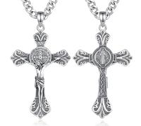 AEONSLOVE Collier Croix Chretienne Médaille Saint Benoit Croix de Saint Benoît St Benoit Collier Crucifix Argent 925 pour Homme Femme Pendentif Croix Jesus Christ Bijoux Religieux Catholique