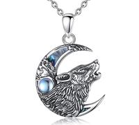 AEONSLOVE Collier Loup Viking pour Femme Homme Pendentif Pierre de Lune Amulette Nordique Argent 925 Cadeau Bijoux Loup Vintage Garçon Fille