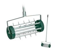 Relaxdays aérateur de Gazon Roulant, avec Manche, scarificateur Manuel, HBT : 145x44x21 cm, Rouleau à Gazon, Argent/Vert