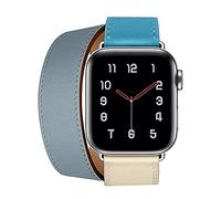 Aergood Cuir Bande,Compatible avec Apple Watch Bracelets 38/40/41mm 42/44/45mm, Double Tour Bracelet de pour iwatch Series 7 6 5 4 3 2 1 SE(42/44/45mm,Ciel/Blanc)