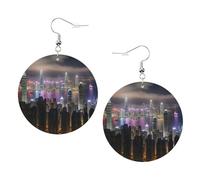 Aerial Night of View Hong Kong Boucles d'oreilles en cuir imprimé pour femme - Boucles d'oreilles pendantes et créoles parfaites pour les fêtes costumées, accessoires de filles, taille unique, Cuir