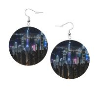 Aerial Night of View Hong Kong Boucles d'oreilles en cuir imprimé pour femme - Boucles d'oreilles pendantes et créoles parfaites pour les fêtes costumées, accessoires de filles, taille unique, Cuir