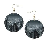 Aerial Night Of View Hong Kong Ensemble de boucles d'oreilles en cuir imprimé pour femme, 1 paire de boucles d'oreilles légères bohèmes percées, bijoux cadeau pour femmes et filles