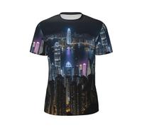 Aerial Night of View Hong Kong Imprimé Élégant Hommes T-shirts d'été Entraînement Course Entraînement Vêtements d'exercice Respirant, Noir , XS