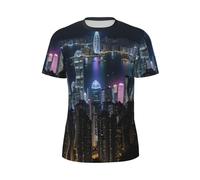 Aerial Night of View Hong Kong Imprimé Hommes Confort Manches Courtes Mode Léger T-Shirt Gym Running Casual Wear, Noir/blanc, XS