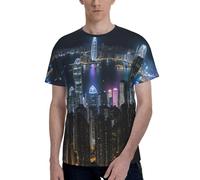 Aerial Night of View Hong Kong Imprimé Hommes Summer Fashion T-Shirt Respirant Doux Manches Courtes T-shirt Casual Gym Office Wear, noir, Taille XL