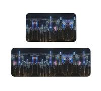 Aerial Night of View Hong Kong Lot de 2 tapis de cuisine antidérapants anti-fatigue pour bar, bureau, buanderie