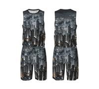 Aerial Night of View Hong Kong Maillot de basket-ball 2 pièces pour homme avec gilet de basket-ball et short athlétique, Noir/blanc, 3X-Large-5X-Large
