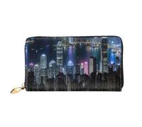 Aerial Night of View Hong Kong Portefeuille en cuir pour téléphone portable, carte de crédit, argent avec poche zippée, noir, taille unique, Noir/blanc, One Size