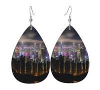 Aerial Night of View Hong Kong Print Dangle Earrings For Women - Larme Jewelry, Fashion Statement Accessory For Costume Party, taille unique, Cuir