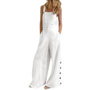 Ärmelloser Overall für Damen, lässig, Einfarbig, für den Sommer, Weite Latzhose, Knöpfe, Jumpsuit mit weitem Bein und Taschen Damen Sommer (White, L)