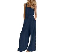 Ärmelloser Overall für Damen, lässig, Einfarbig, für den Sommer, Weite Latzhose, Knöpfe, Jumpsuit mit weitem Bein und Taschen Damen Sommer (Blue, S)